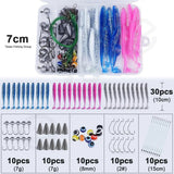 QXO 80pcs/Box Soft Lure Silicone Bait Fishing With Hooks Line Eye Fish Accessories Tools Storage Box Artificial Bait Winter