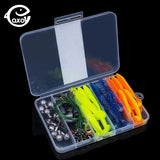 QXO 80pcs/Box Soft Lure Silicone Bait Fishing With Hooks Line Eye Fish Accessories Tools Storage Box Artificial Bait Winter