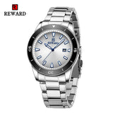 REWARD Business Mens Watches Silver Stainless Japan Movement Fashion Quartz Wrist Watch for Men Waterproof Luminous with Date