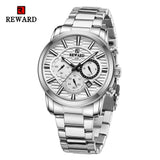 REWARD VIP Mens Quartz Watches Chronograph Luminous Waterproof Date Stainless Steel Silver Wristwatch for Men