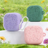 Engraved Flower Protective Skin Cover for Samsung Galaxy Buds4/4Pro Protective Earbuds Case with Keychain Scratch-Resistant