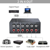 4 Way Bi-Directional RCA Stereo Audio Switch Selector 4X2/2X4 L/R Sound Channel Audio Switcher Splitter with OFF Button