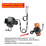 Motorcycle Phone Holder with Cooling Fan 15W Qi Wireless Charging 36W USB-C Fast Charge Anti-Vibration Aluminum Bike Mount