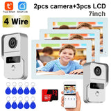 1080P 2 Cam 7 Inch 3pcs Touch Screen Wifi Video Doorbell, Smart TUYA Home Video Intercom Rceord Kit ID Unlcok 4-Wire Connection