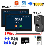 New 2 Wire Digital Video Intercom System 2pcs 10Inch WIFI Monitor 1080P Doorphone Camera Video Doorbell Card Tuya App Unlock
