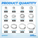 185pcs Single Ear Hose Clamps, 5.3-33.1mm Crimp Hose Clamp Assortment Kit 304 Stainless Steel Hose Clamp for Securing Pipe Hoses