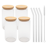 NEW ARRIVAL Beer Can Glass with Bamboo Lids and Glass Straws,4 Pack 16Oz Drinking Glasses with Lids and Straws,Can Shaped Glass