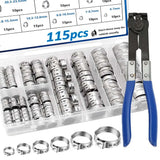 115PCS Single Ear Hose Clamps with Ear clamps plier Assortment Kit 6-28.6mm Crimp Hose Clamps for Pipe, Fuel Line Crimp Clamps