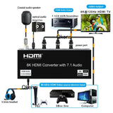 HDMI 2.1 Audio Extractor Converter 4K 120Hz Video Converter 8K 60hz Support Dolby Atmos Digital Coaxial 7.1 CH Audio VRR HDR10