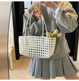 LEFTSIDE Small Solid Color Weave Tote Bags for Women 2025 Fashion Summer Shoulder Bags Simple Handbags Hollow Out Beach Bag
