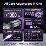 4-in-1 Car Vacuum Cleaner – 17000Pa Strong Suction, Cordless Handheld with Blow LED Lamp, USB-C Fast, Home-Car Universal