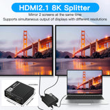 8K 1x2 HDMI Splitter 1 IN 2 Out Dual Display 1 To 2 Splitter 8K60hz 4K120hz 1080P240hz Video Distributor for PS5 Laptop PC To TV