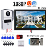 Tuya Wireless Wifi 2 Wire Video Doorbell System, 1080P Doorphone Door Camera, 10 Inch Touch Screen, with 32GB Card Electric Lock