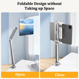 Aluminum Adjustable Long Arm Phone Tablet Stand Holder for Desk & Bed Foldable Telescopic Arm Mount for IPad 4-12.9'' Devices