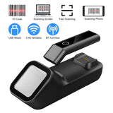 3-in-1 Black Handheld 1D Barcode Scanner 100times/s with 1100mAh Battery 16MB Storage 2.4G BT USB Connection Charging Scanning