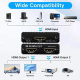 8K 1x2 HDMI Splitter 1 IN 2 Out Dual Display 1 To 2 Splitter 8K60hz 4K120hz 1080P240hz Video Distributor for PS5 Laptop PC To TV