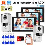 1080P 2 Cam 7 Inch 3pcs Touch Screen Wifi Video Doorbell, Smart TUYA Home Video Intercom Rceord Kit ID Unlcok 4-Wire Connection