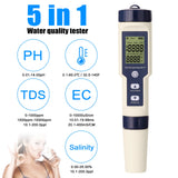 5 IN 1 PH Temperature TDS EC Salinity Meter Digital Waterproof With Automatic Calibration Function Water Quality PH Tester