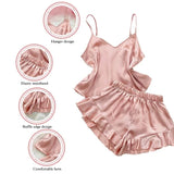 Two Pieces Sexy Pajama Set V-Neck Women Solid Color Silk Satin Spaghetti Homewear Loungewear Ruffled Female Home Clothes