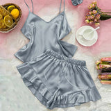 Two Pieces Sexy Pajama Set V-Neck Women Solid Color Silk Satin Spaghetti Homewear Loungewear Ruffled Female Home Clothes