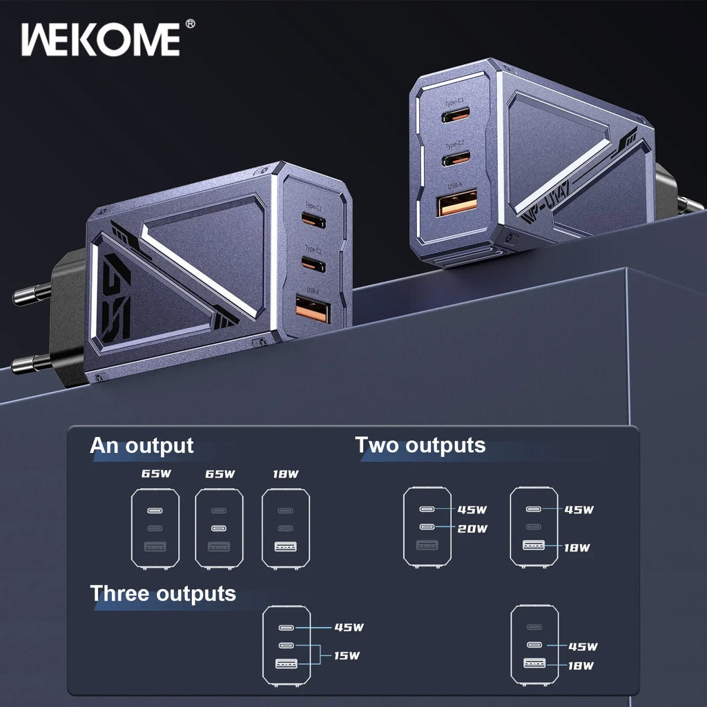 WEKOME 65W GaN Fast Charge Charger Type C Phone Charger 3 Ports Mecha Style for Macbook Pro iPhone 15 Pro Max Samsung S22 Xiaomi