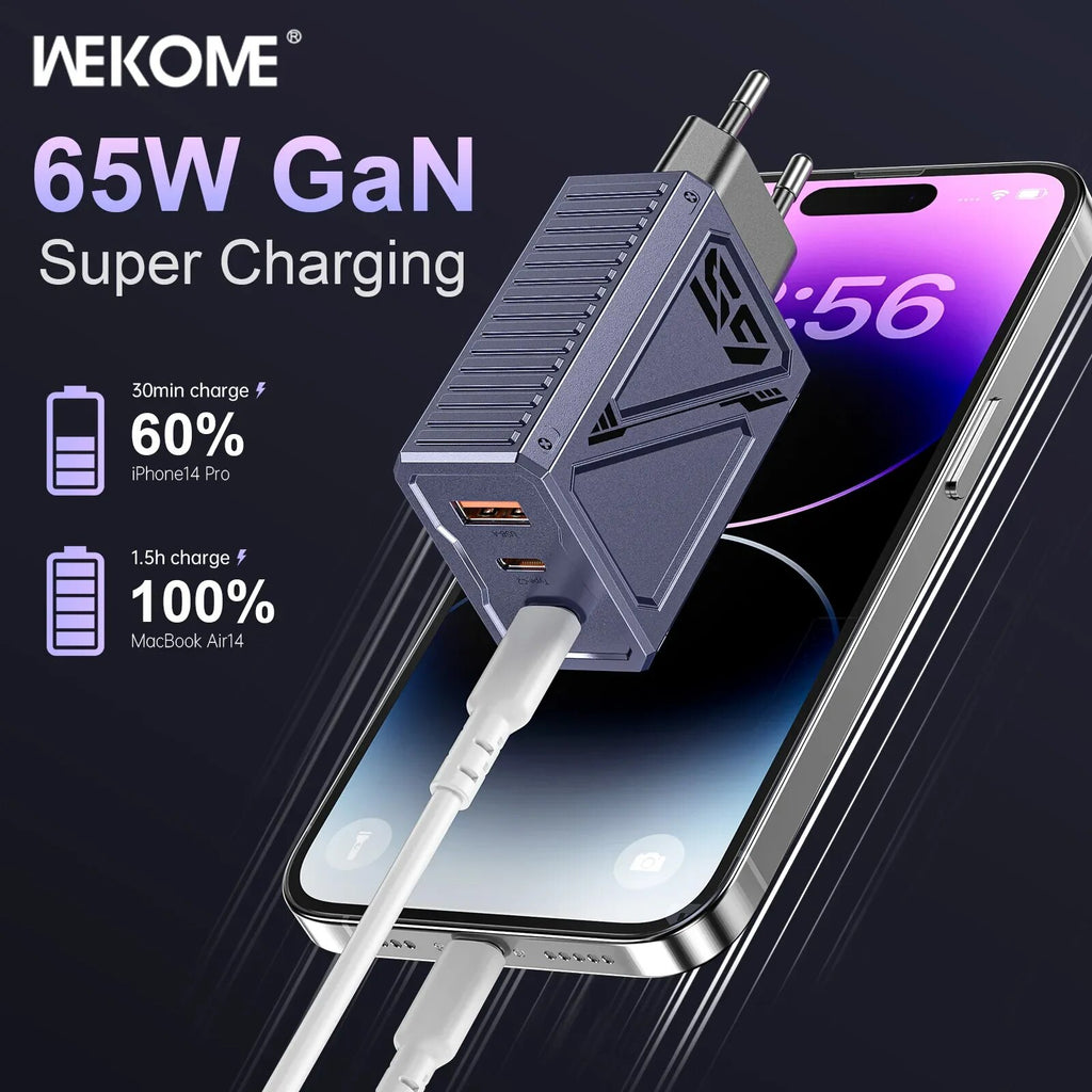 WEKOME 65W GaN Fast Charge Charger Type C Phone Charger 3 Ports Mecha Style for Macbook Pro iPhone 15 Pro Max Samsung S22 Xiaomi