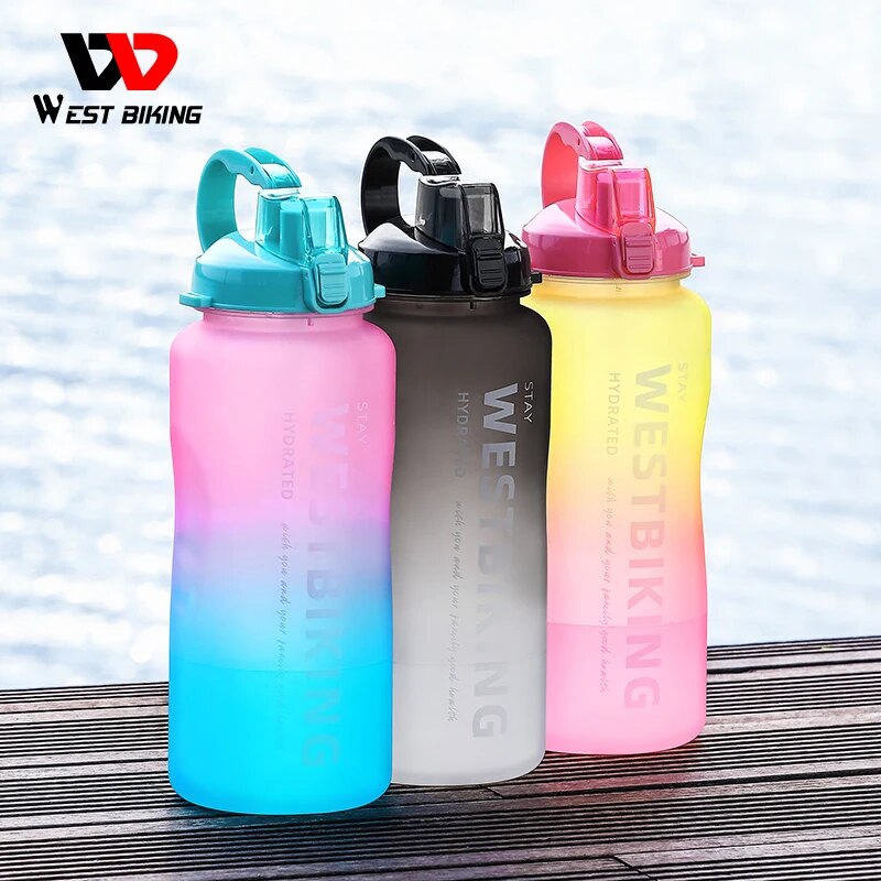 WEST BIKING 2L Fitness Water Bottle Gradient Color Cycling Running Sport Large Capacity Portable Bottle With Cleaning Cup Brush