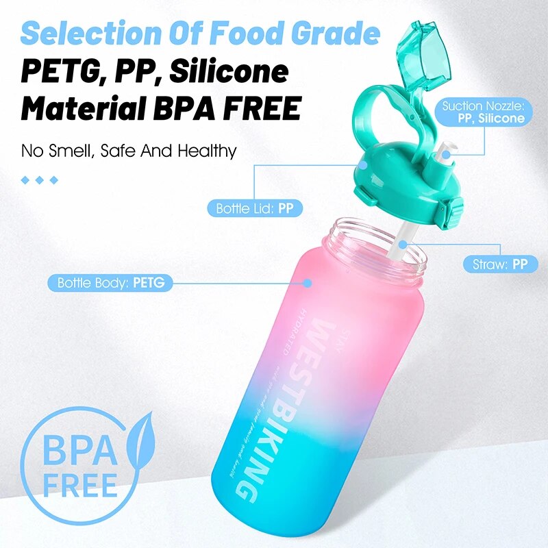 WEST BIKING 2L Fitness Water Bottle Gradient Color Cycling Running Sport Large Capacity Portable Bottle With Cleaning Cup Brush