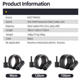 WEST BIKING 90-150cm Anti Theft Bicycle Lock 5-Digit Combination Security Cable Lock Waterproof  E-Bike Motorcycle Wire Lock