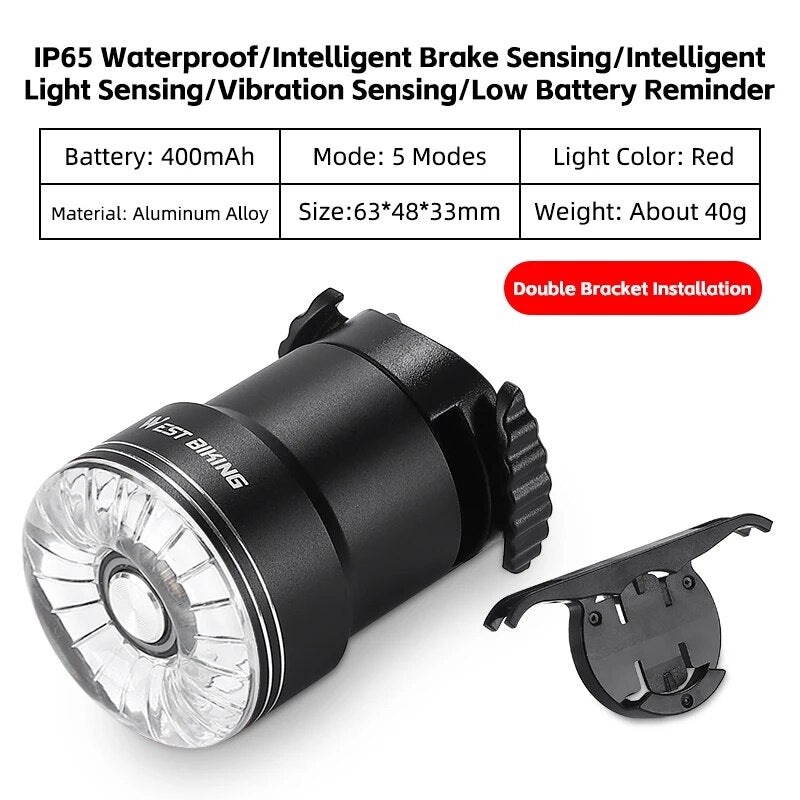 WEST BIKING AUTO Bicycle Rear Light Brake Sensor Crystal Taillights IP65 Waterproof Flash Light Type-C Charging Dual Bracket