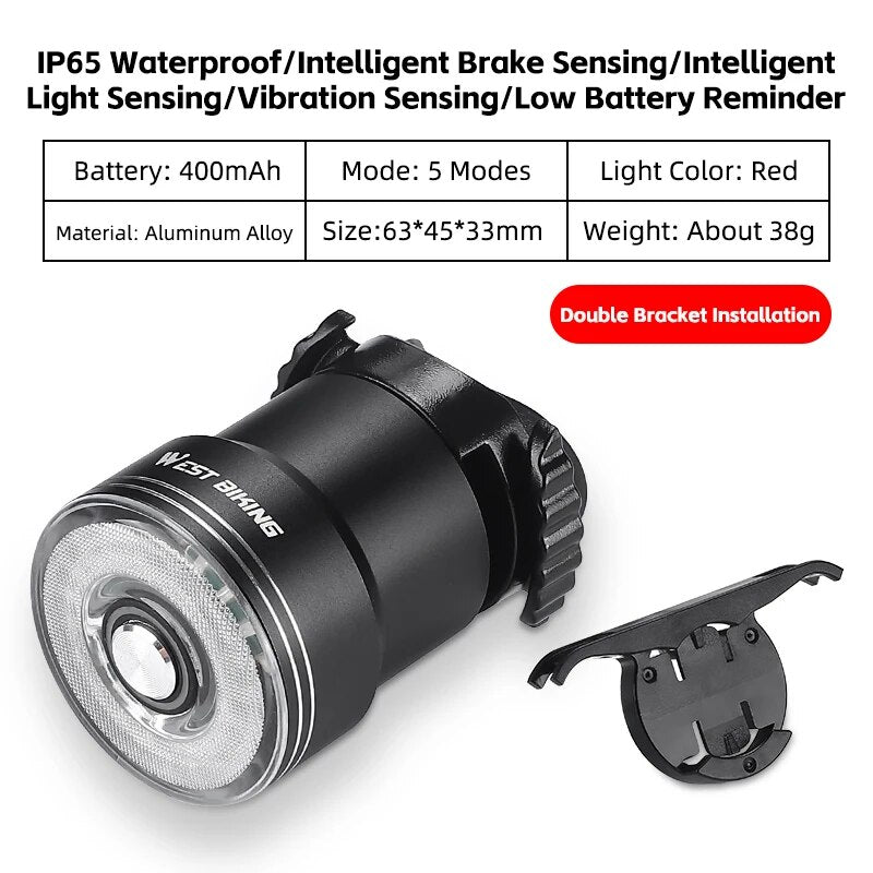 WEST BIKING AUTO Bicycle Rear Light Brake Sensor Crystal Taillights IP65 Waterproof Flash Light Type-C Charging Dual Bracket