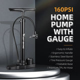 WEST BIKING High Pressure Bicycle Air Pump With Pressure Gauge 160 PSI Stainless Steel Floor Pump MTB Road Bike Tire Inflator
