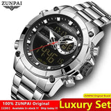 ZUNPAI Original Men's Watch Top Brand Luxury Leather Sports Watch Gold Black Men Quartz LED Digital Clock Waterproof Military