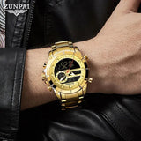 ZUNPAI Original Men's Watch Top Brand Luxury Leather Sports Watch Gold Black Men Quartz LED Digital Clock Waterproof Military