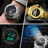 ZUNPAI Original Men's Watch Top Brand Luxury Leather Sports Watch Gold Black Men Quartz LED Digital Clock Waterproof Military