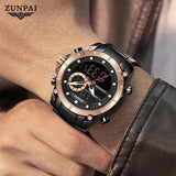 ZUNPAI Original Men's Watch Top Brand Luxury Leather Sports Watch Gold Black Men Quartz LED Digital Clock Waterproof Military