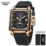 ZUNPAI Original Watch for Men's Waterproof Stainless Steel Leather Strap Quartz Fashion Sports Chronograph Square Wristwatches