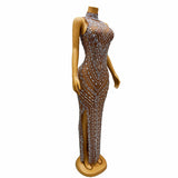 2024 Elegant Female Hostess Evening Dress Low key Side Split Full Diamond Pattern Long runway dress