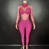 Nightclub bar party sexy red perspective mesh diamond tight jumpsuit for women's performance