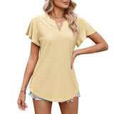 Women's Solid Color And V-neck Ruffle Sleeve Casual T-shirt