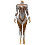 Skin tone perspective jumpsuit with reflective lens patchwork mesh high waisted zipper slim fit sports runway suit
