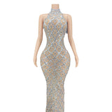 Sexy Shiny Water Diamond Silver Large Women's Evening Hanging Neck Fish Tail Long Dress Sleeveless