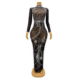 Black haute couture socialite sexy perspective sparkling rhinestone party evening dress