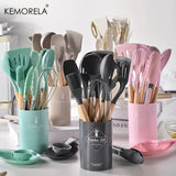 14pcs Silicone Utensil Set - Non-Stick Cooking Utensils With Wooden Handle & Storage Bucket