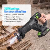 3000SPM Electric 20V Cordless Reciprocating Variable Speed with 2.0Ah Battery 5 Pcs 6-inch Saw Blade for Cutting Wood
