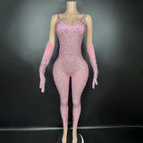 Sexy suspender, individual gloves, personalized design, full diamond, super flash stage runway jumpsuit, dropshipping