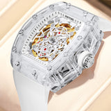 PINTIME Top Brand Men Watches Transparent White Hollow Dial Automatic Mechanical Wristwatch Sport Waterproof Relogios Masculino