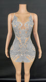 Host's temperament formal with waist cinched suspender for slimming effect, mesh perspective full diamond sexy zipper dress