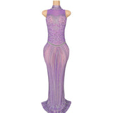 Fashionable socialite and actress temperament dress with sleeveless full diamond pattern purple gentle lady