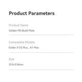 Creality Golden PEI Build Plate for Ender-3 V3 Plus/ K1 Max 3D Printer 315×310mm Flexible Spring Steel Printing Platform